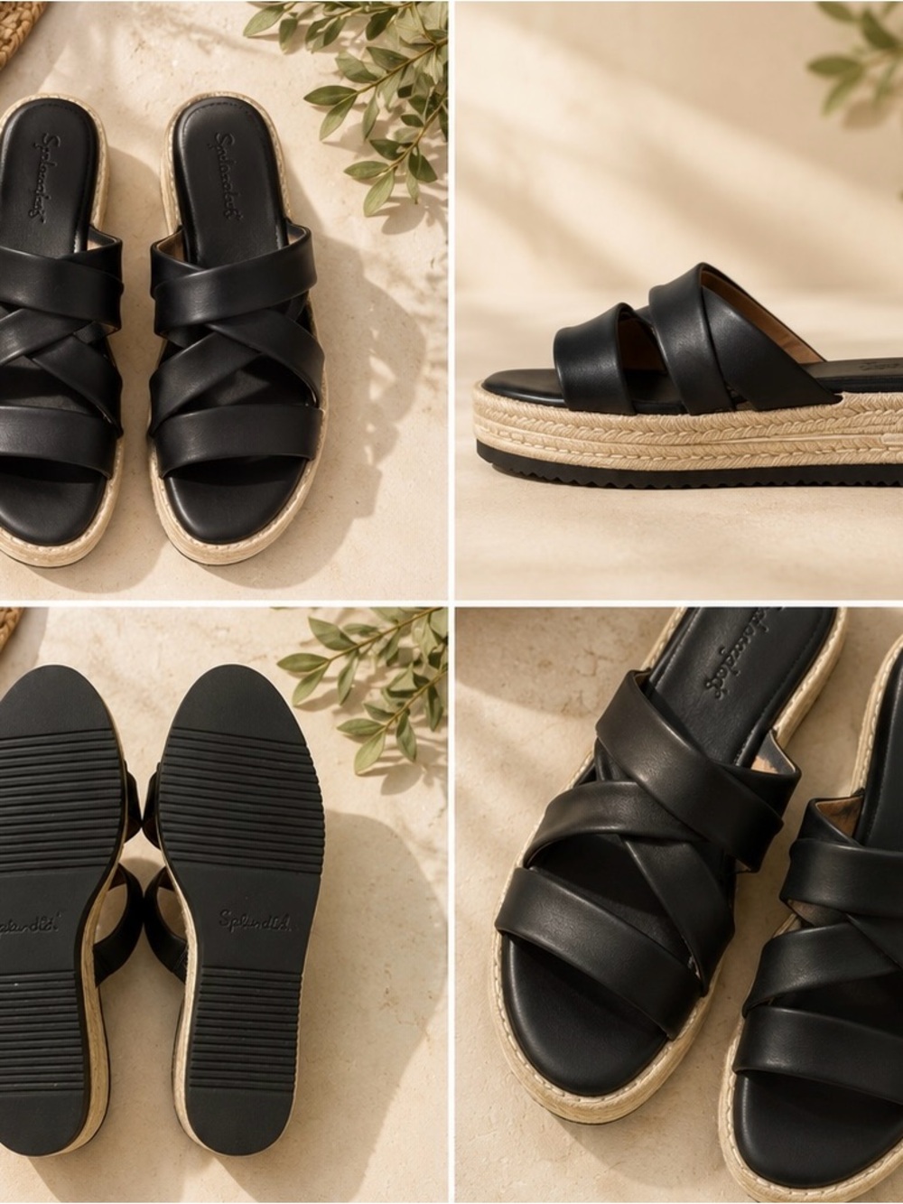 Splendid Black Leather Espadrille Slide Sandals Coastal Quiet Luxury - Picture 2 of 5